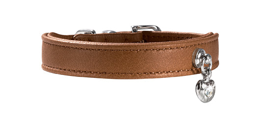 Dog Collar Leather | Crystal Love - cognac with heart pendant