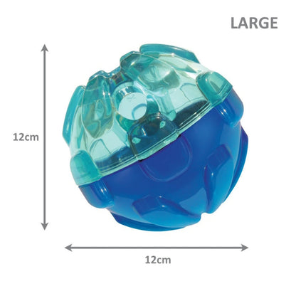 Blue and green puzzle ball with dimensions on a white background