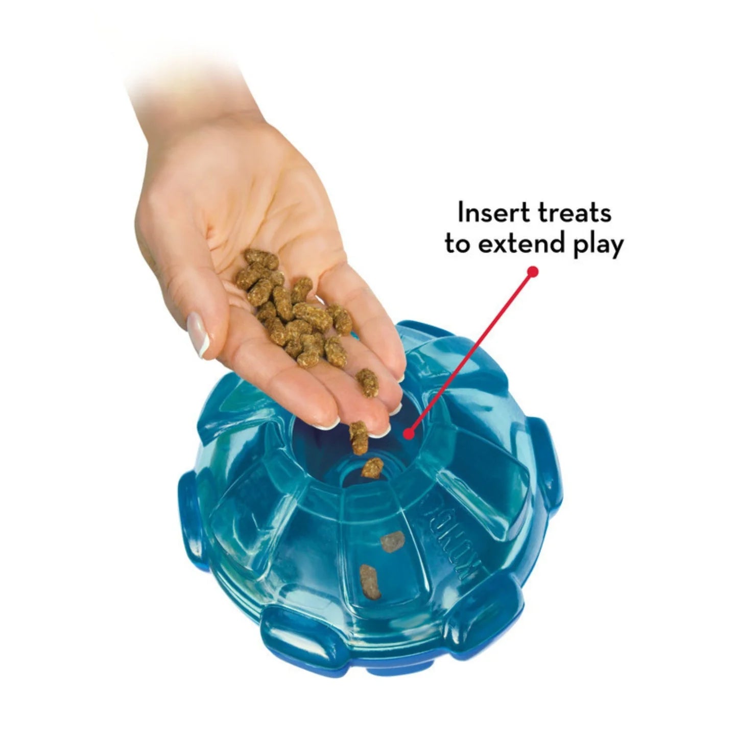 Blue pet puzzle toy with treats being added to it, hand holding treats above.