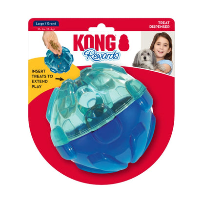 Kong Rewards treat dispenser toy packaging with a blue and clear ball design on a red and yellow background.