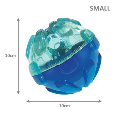 Blue and green puzzle ball with dimensions on a white background