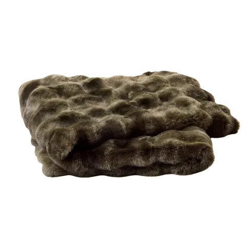 A folded dark brown faux fur blanket with a wavy, textured surface, shown against a plain white background.