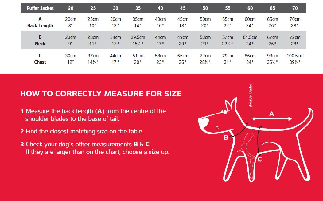 Dog Clothing | Puffer Jacket -Size Chart & Measurement