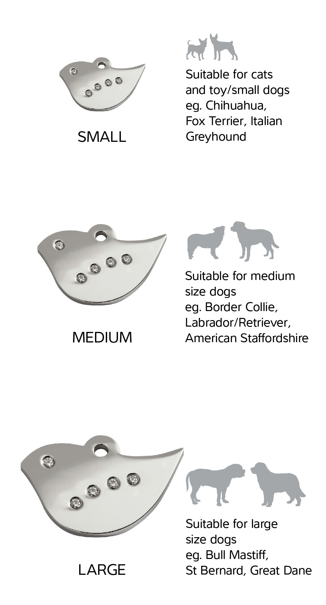 Size Guide | ID Tags Diamante [Bird] w/ breed reference
