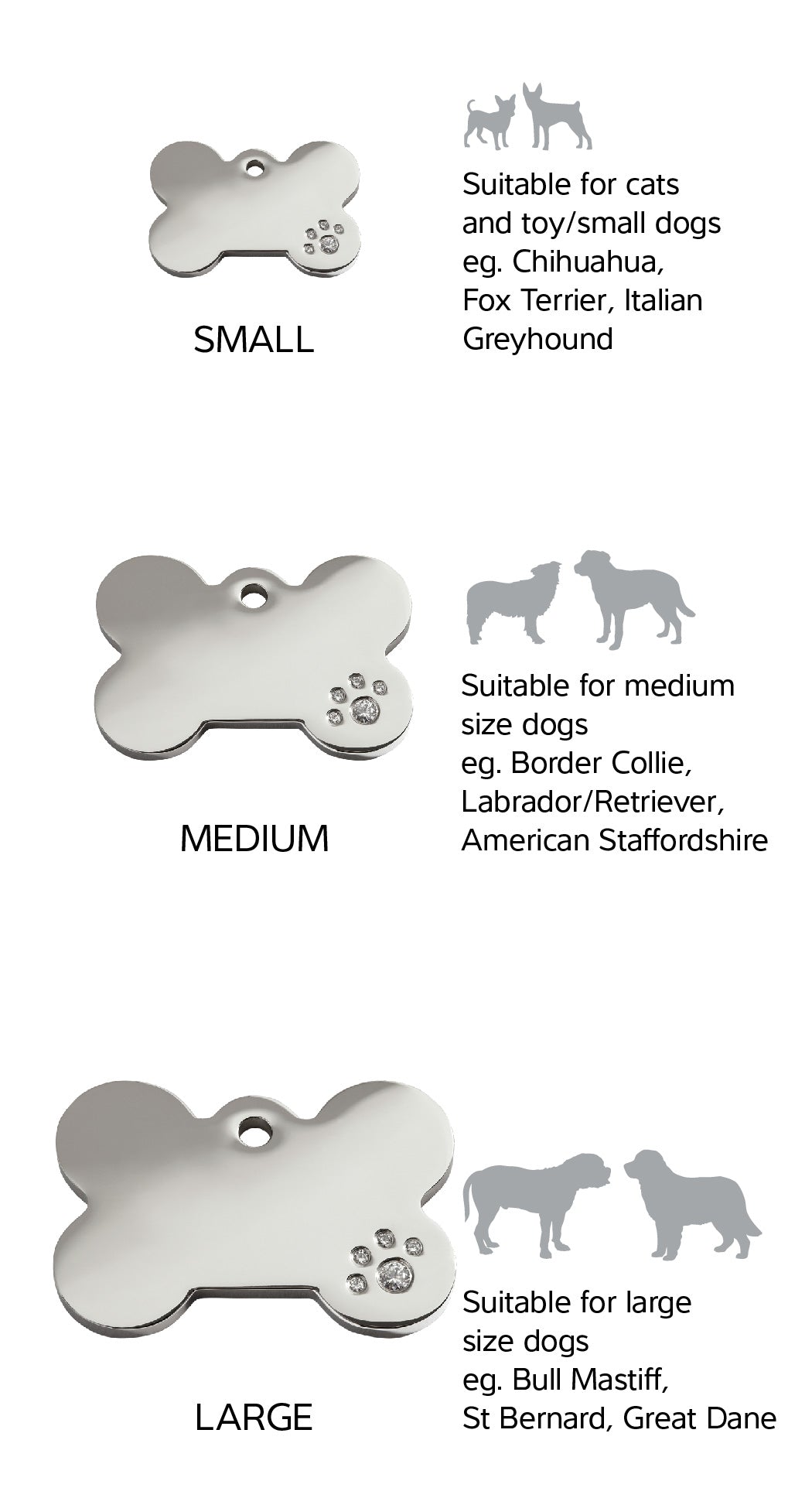 Size Guide | ID Tags Diamante [Bone] w/ breed reference