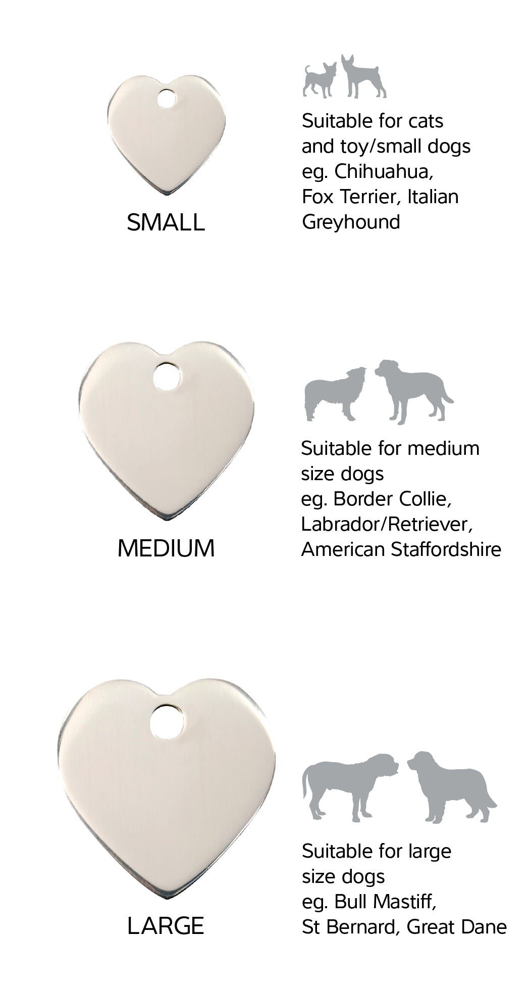 Size Guide | ID Tags Stainless Steel [Heart] w/ breed reference