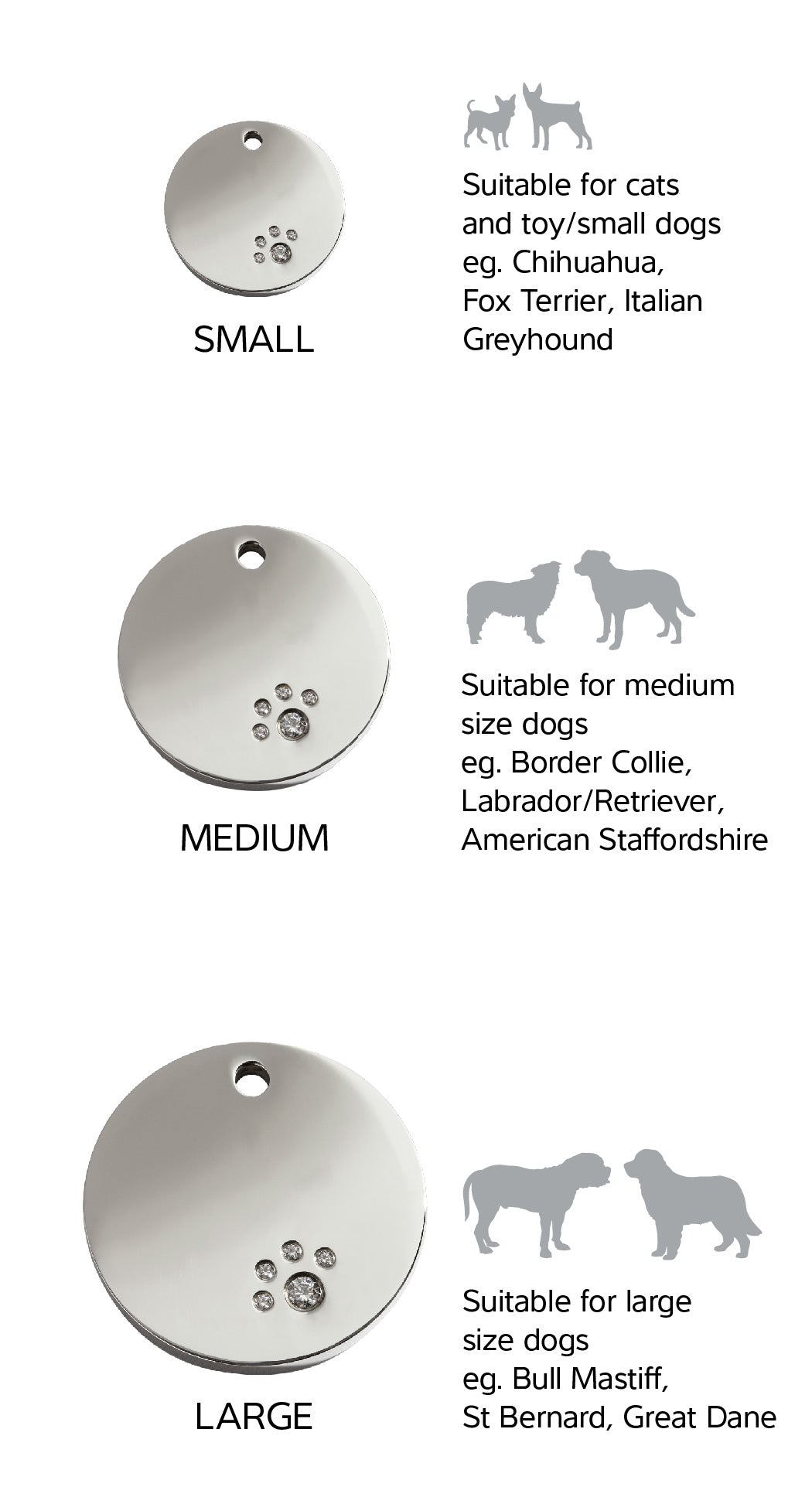 Size Guide | ID Tags Diamante [Circle] w/ breed reference